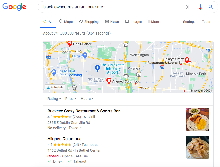 Google Search for Local Black Owned Restaurants